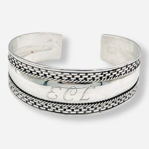 Sterling Silver Vintage Cuff‎ Bracelet Bali Monogram ECL 18.9g Rope Edge